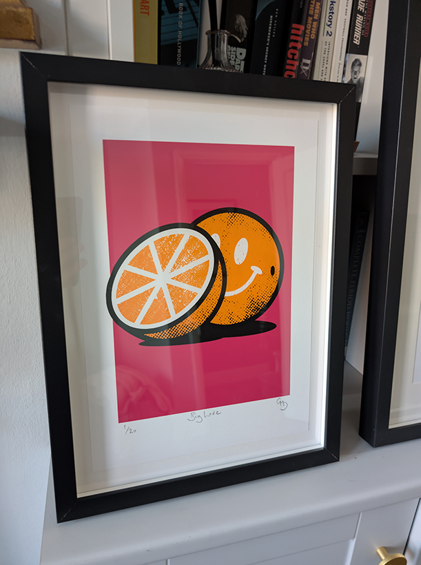 Hand-pulled neon pop art print Big Love – collectible limited edition artwork
Smiley orange pop art print Big Love – modern screen print by Gerard McDonagh