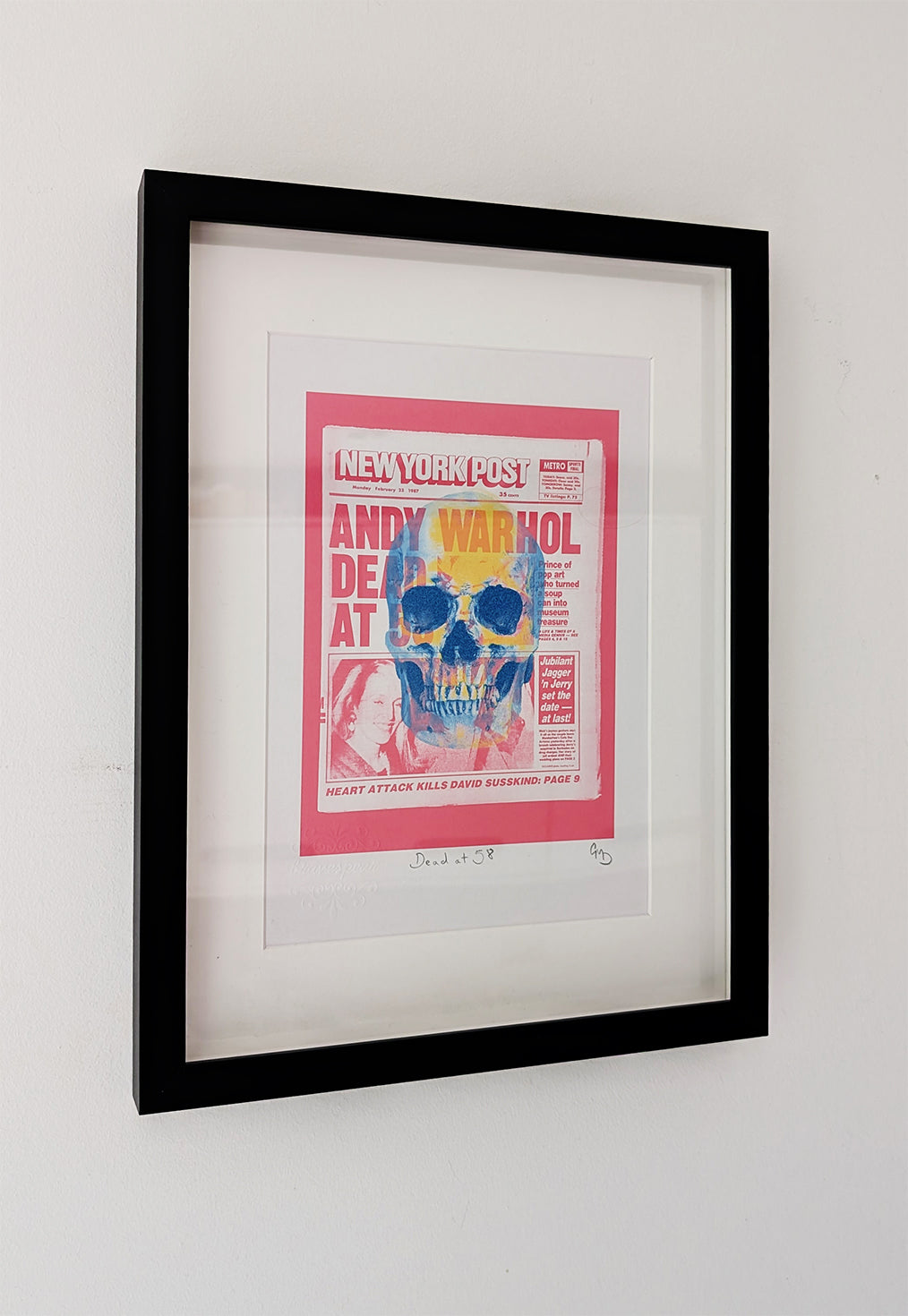 Dead at 58 framed open edition giclée print by Bravespears, Andy Warhol-inspired artwork with skull overlay on tabloid headline.