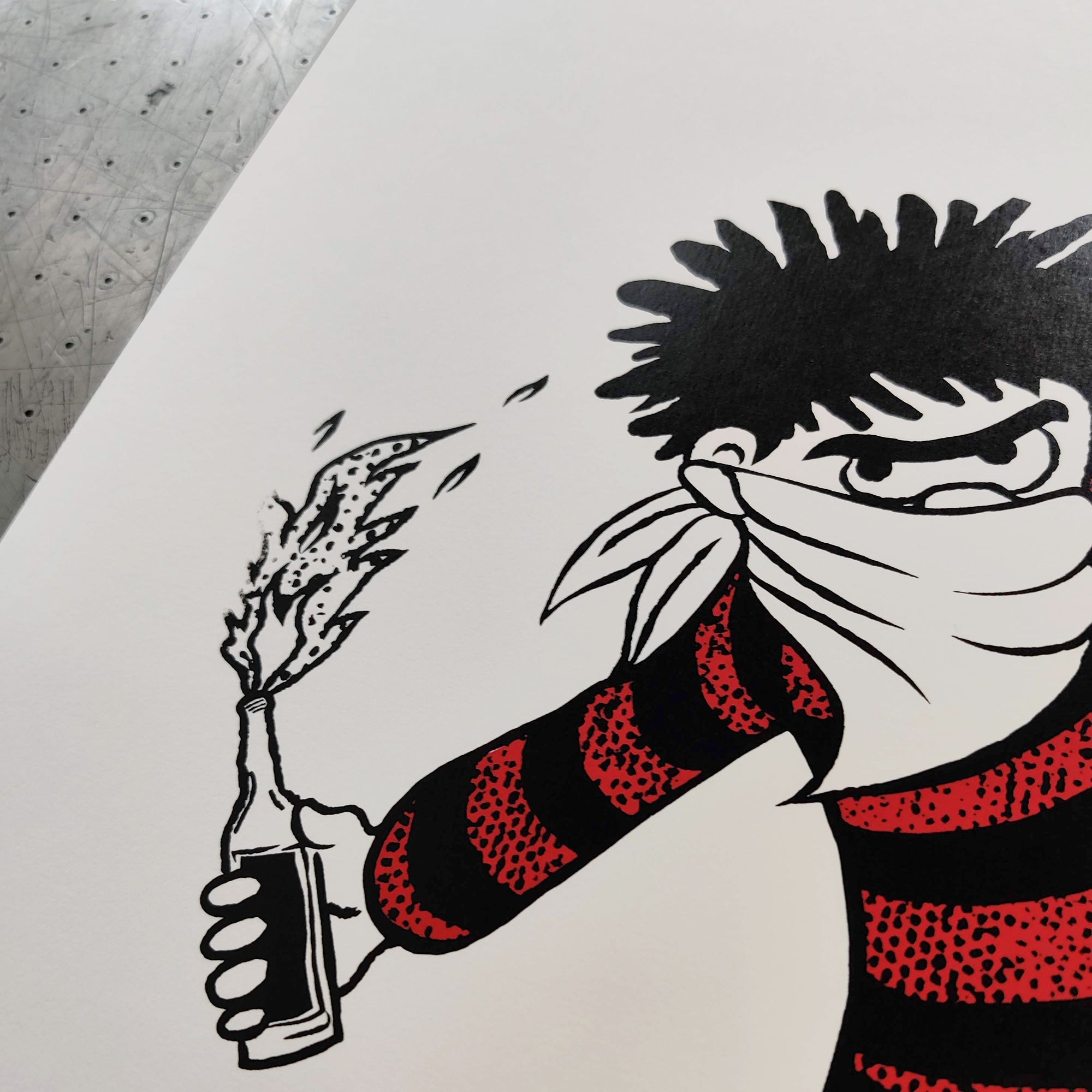 Hand-pulled satirical screenprint featuring masked figure – Molotov Dennis by Bravespears