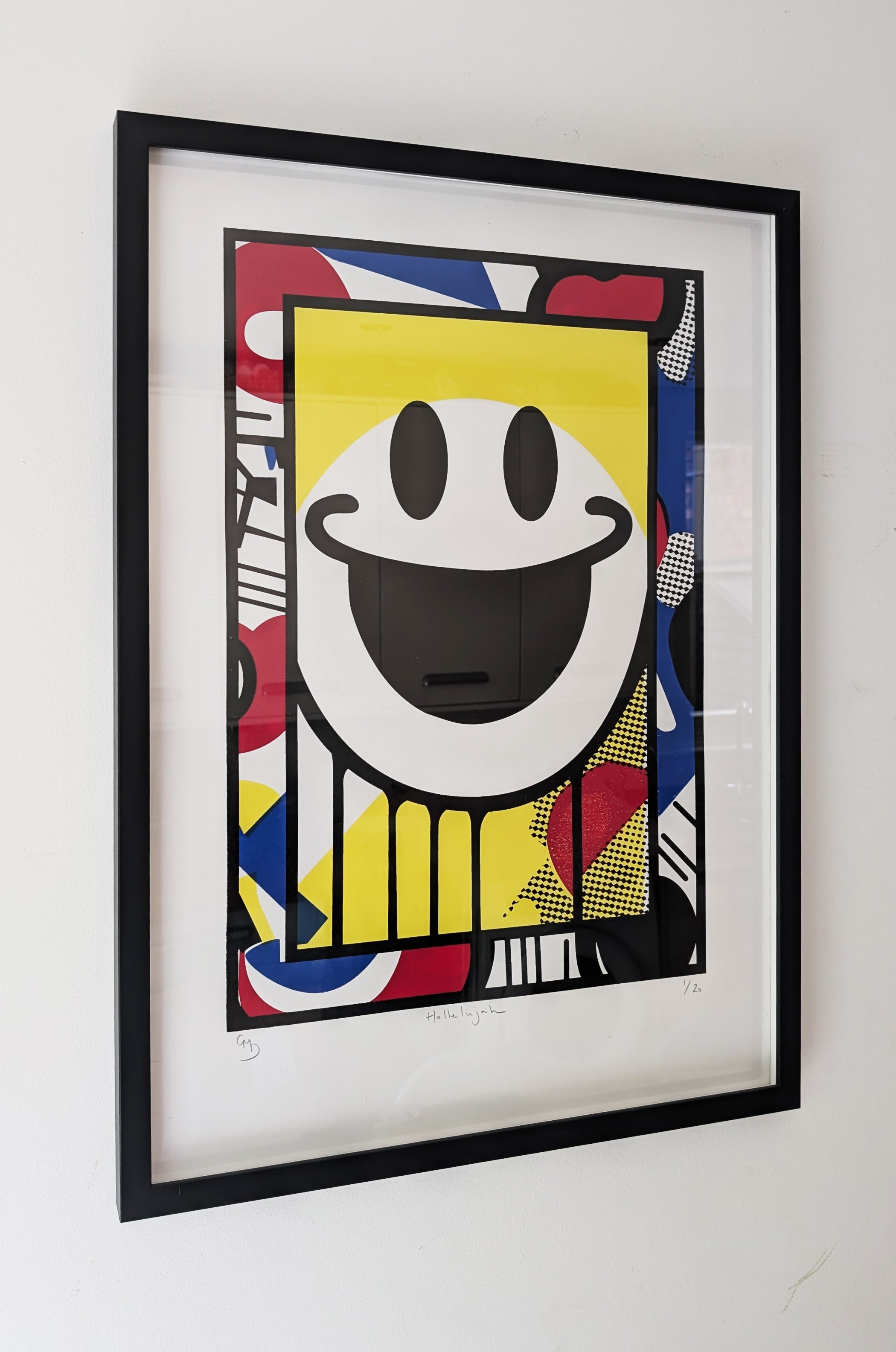 Hallelujah framed screen print by Gerard McDonagh – colourful smiley face rave artwork inspired by Happy Mondays, edition of 20