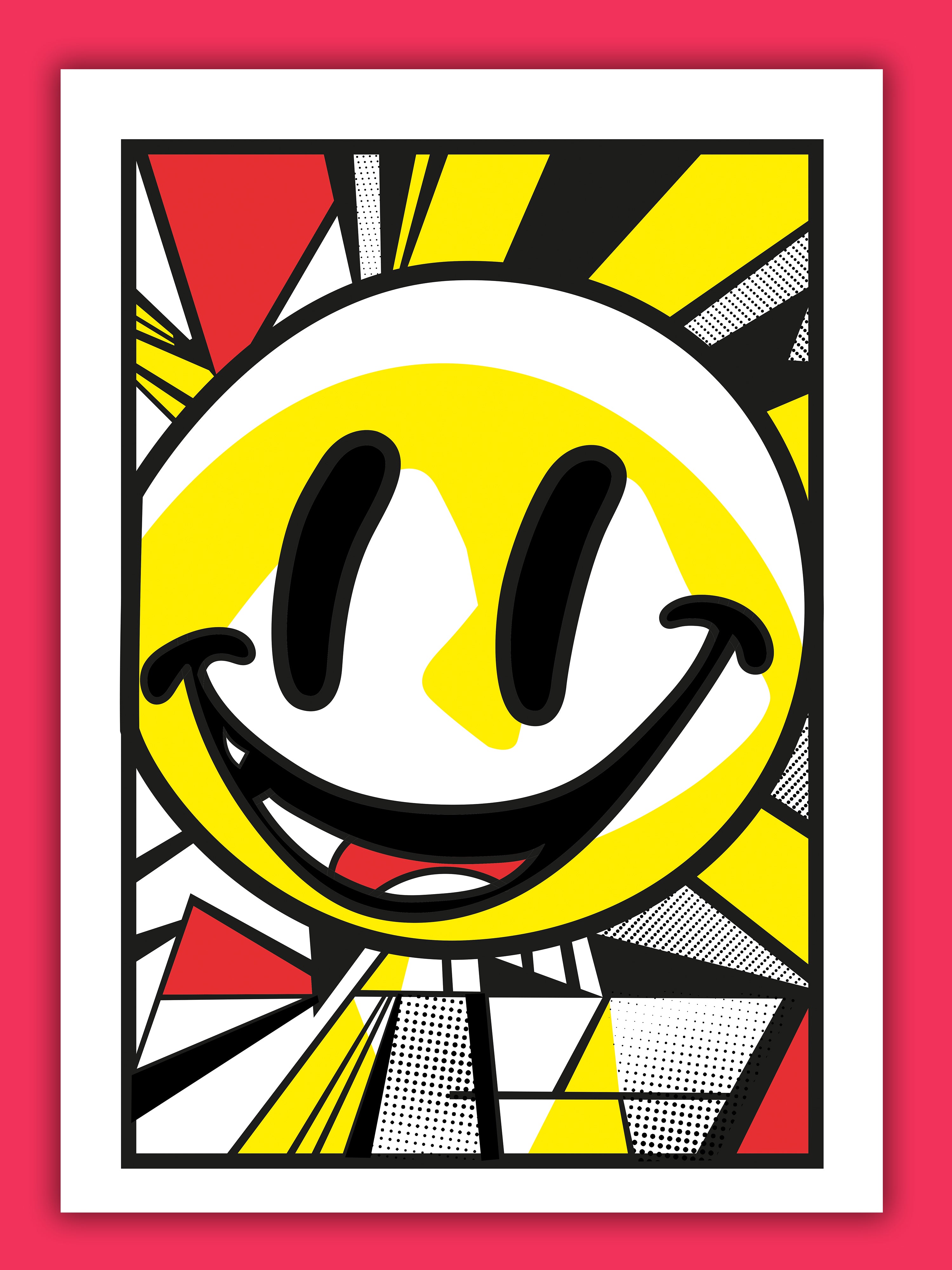 Higher State screen print by Gerard McDonagh – bold yellow smiley with black, red, and halftone textures inspired by Josh Wink track, unframed (edition of 20)