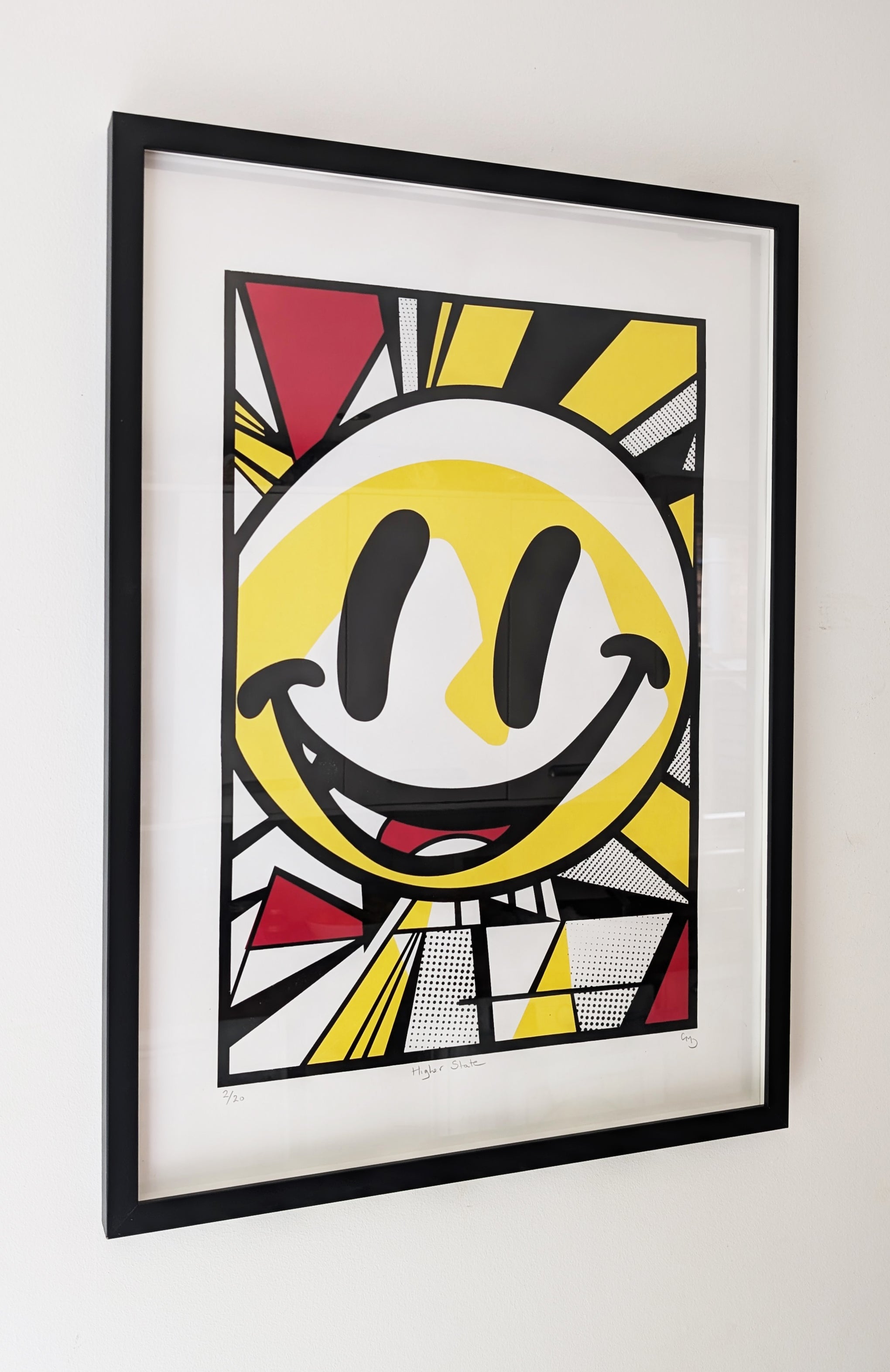 Higher State framed screen print by Gerard McDonagh – bold yellow smiley with black, red, and halftone textures inspired by Josh Wink track, edition of 20