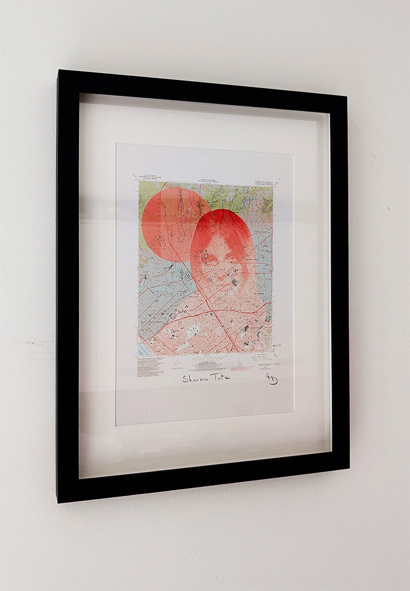 Sharon Tate open edition giclée print by Gerard McDonagh – red overlay portrait on Beverly Hills map, framed, signed and embossed
