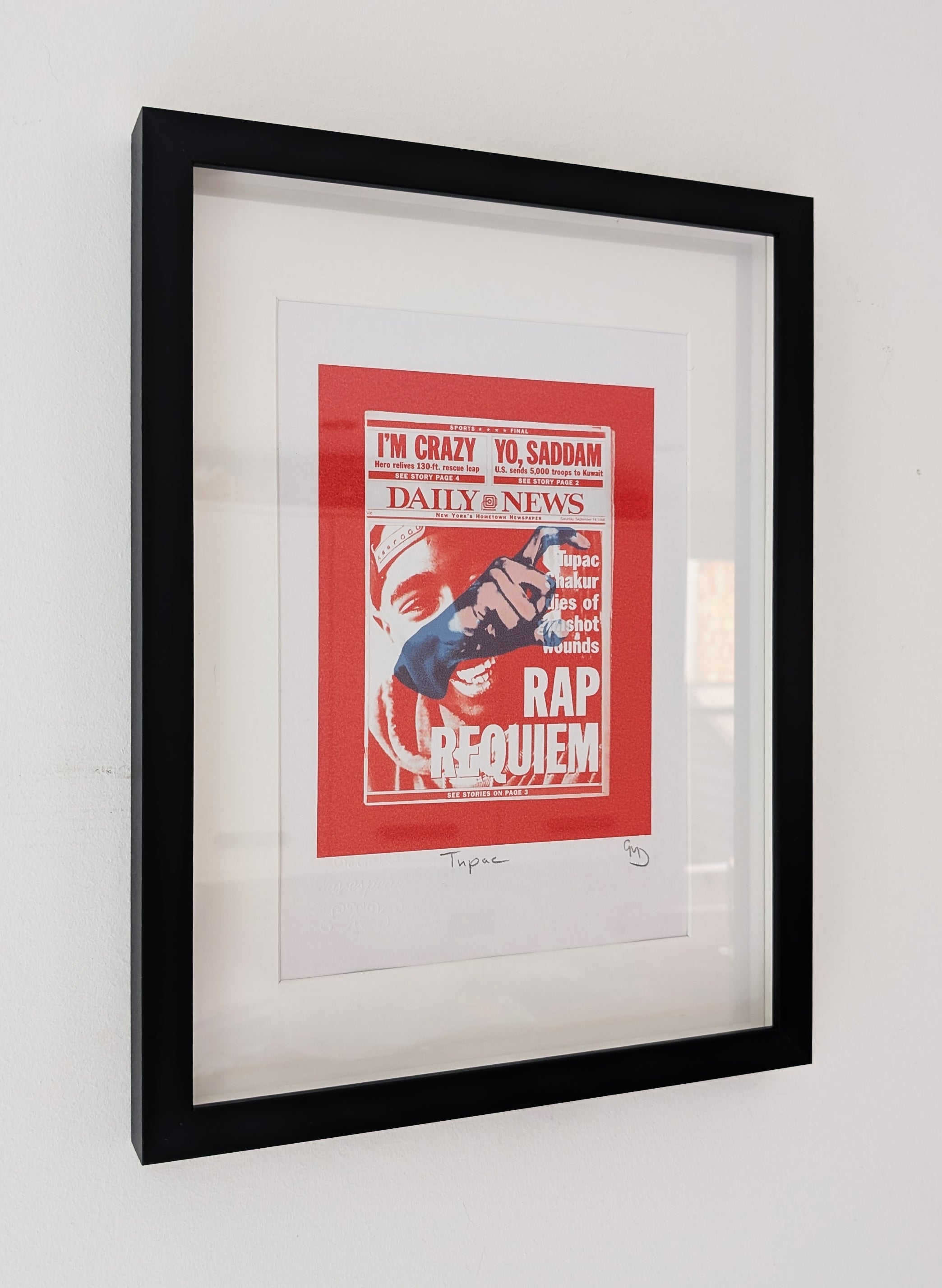 Tupac screen print by Gerard McDonagh – headline and Crips gang sign in blue, framed 520mm × 420mm, signed and embossed