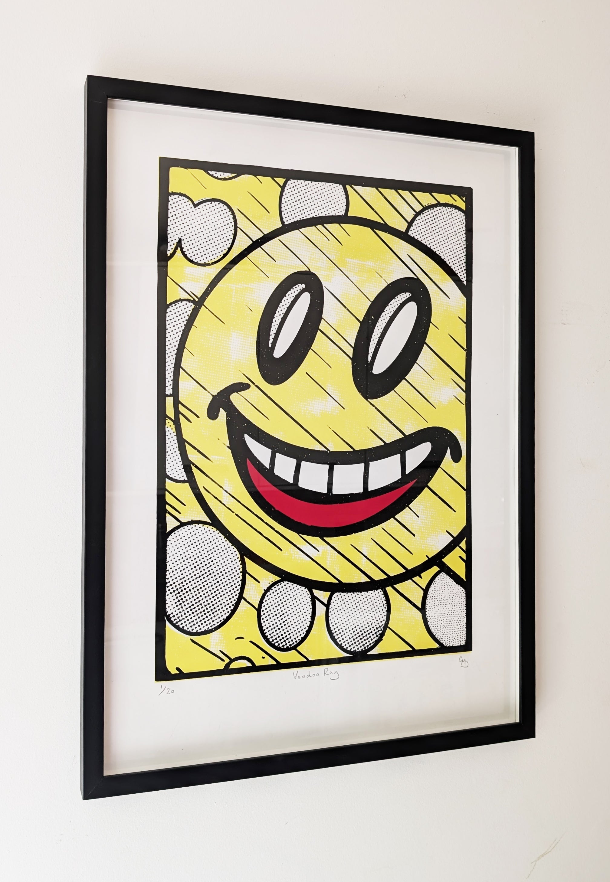 Voodoo Ray framed screen print by Gerard McDonagh – bold yellow smiley face with halftone dots and pink accent, inspired by Guy Called Gerald track, edition of 20