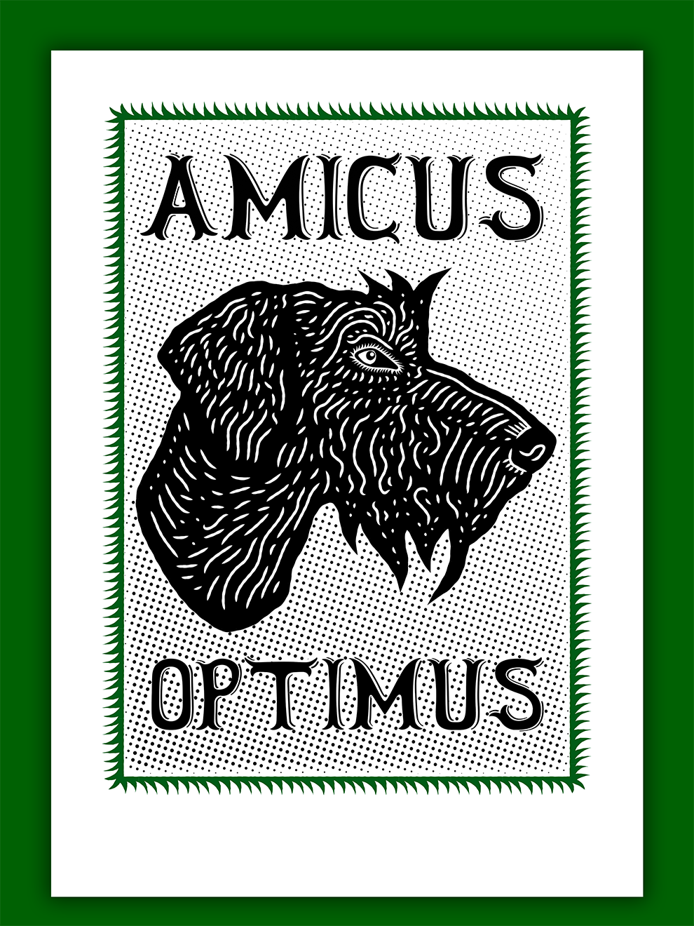 Amicus Optimus screen print by Gerard McDonagh in black and green – limited edition of 20

Amicus Optimus contemporary dog print with bold text and halftone design