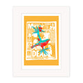 Amy Dead mounted giclee print by Bravespears, featuring a tabloid-style collage with a red and turquoise bird, flowers and foliage on a mustard background.