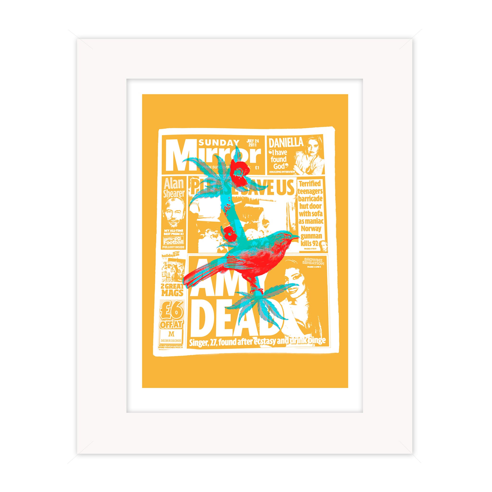 Amy Dead mounted giclee print by Bravespears, featuring a tabloid-style collage with a red and turquoise bird, flowers and foliage on a mustard background.