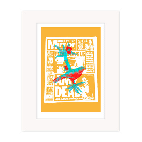 Amy Dead mounted giclee print by Bravespears, featuring a tabloid-style collage with a red and turquoise bird, flowers and foliage on a mustard background.