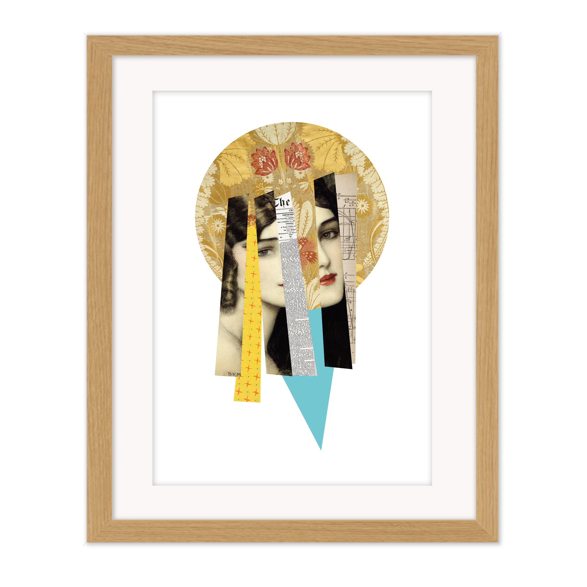 Open edition Madonna collage mounted giclée print reworking religious iconography. Contemporary fine art by Bravespears. In natural wood frame