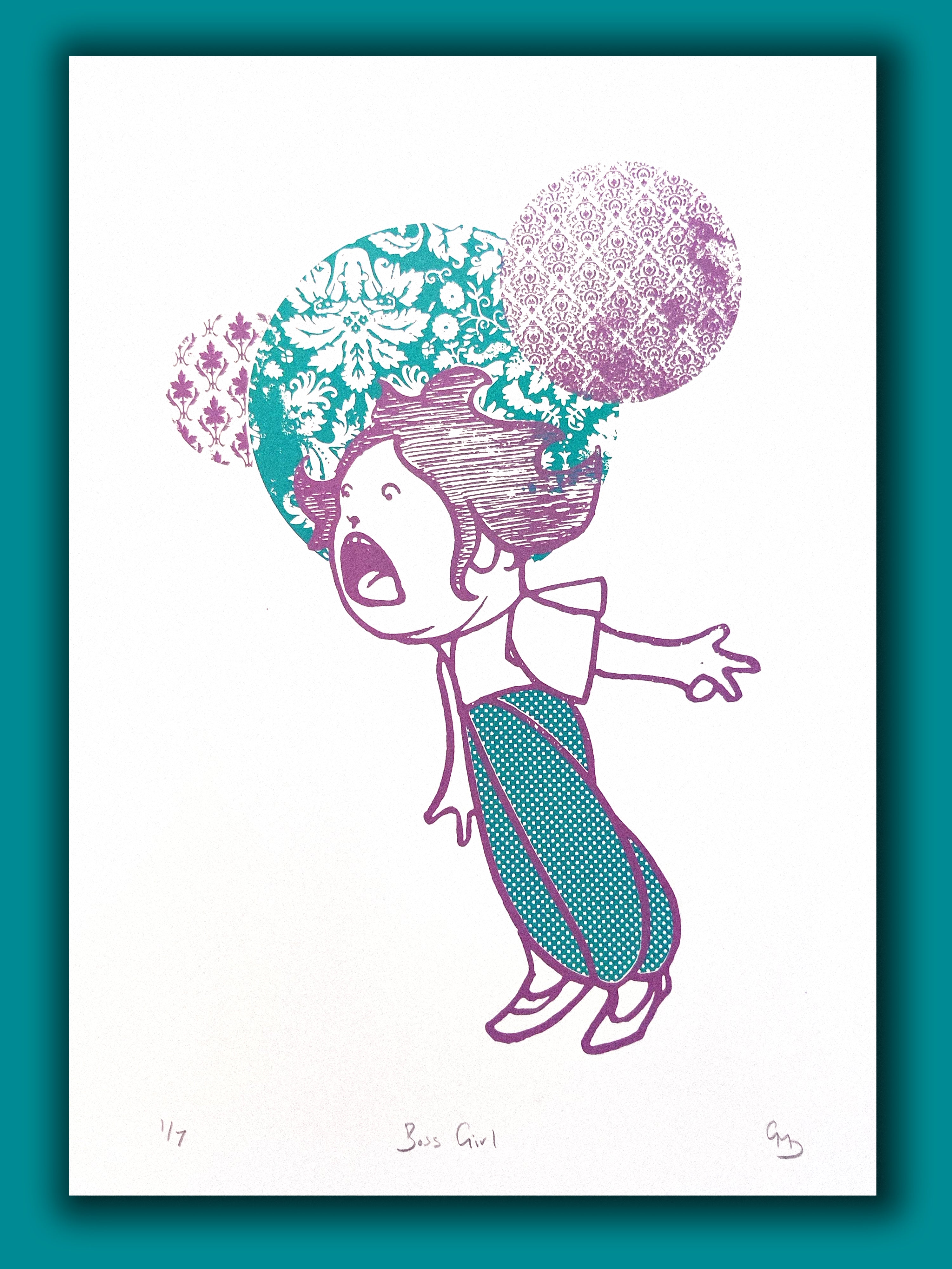 Boss Girl pop art screen print by Gerard McDonagh – suffragette colours limited edition of 7