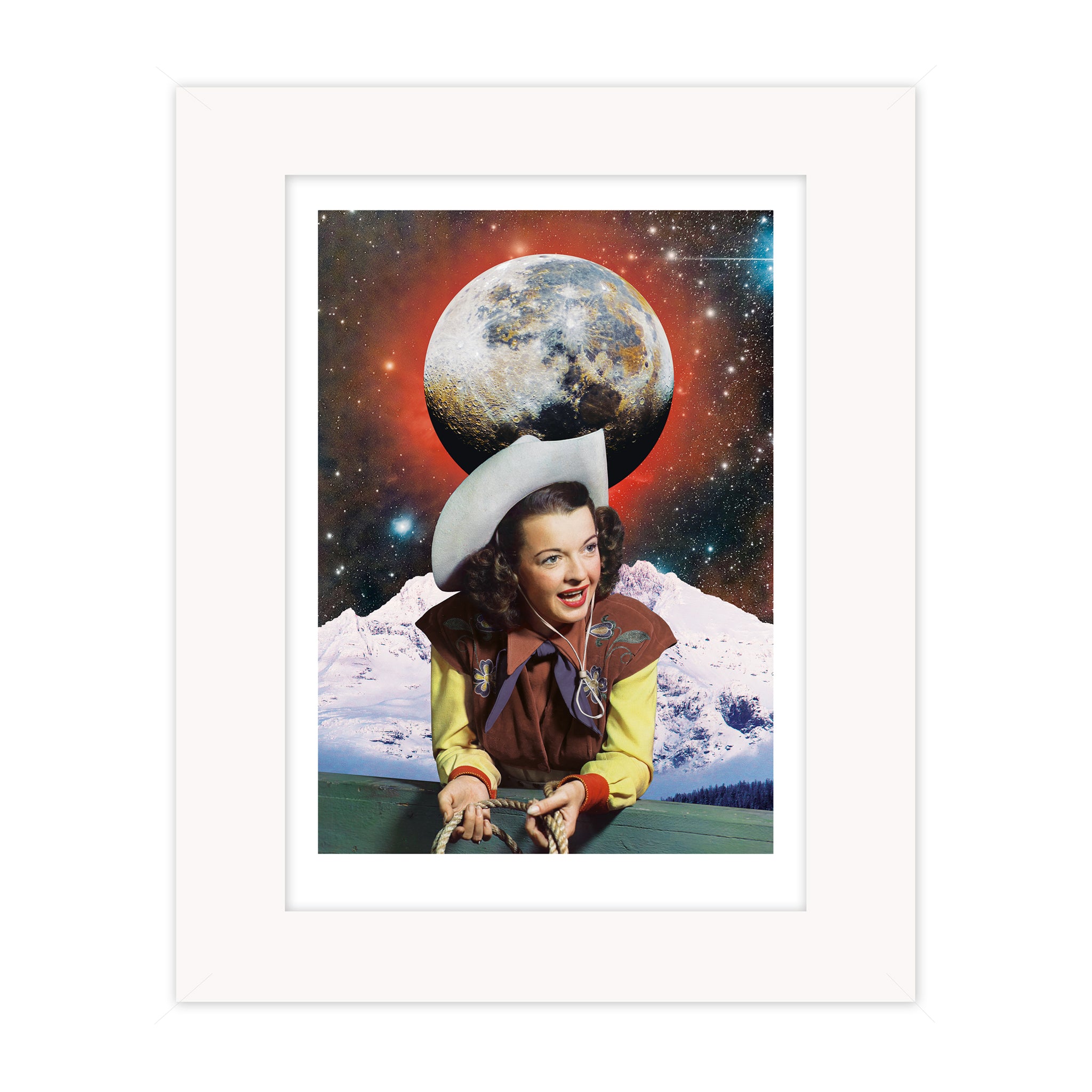 Cowgirl collage mounted giclee print showing a vintage cowgirl figure set against a surreal cosmic landscape with a glowing moon
