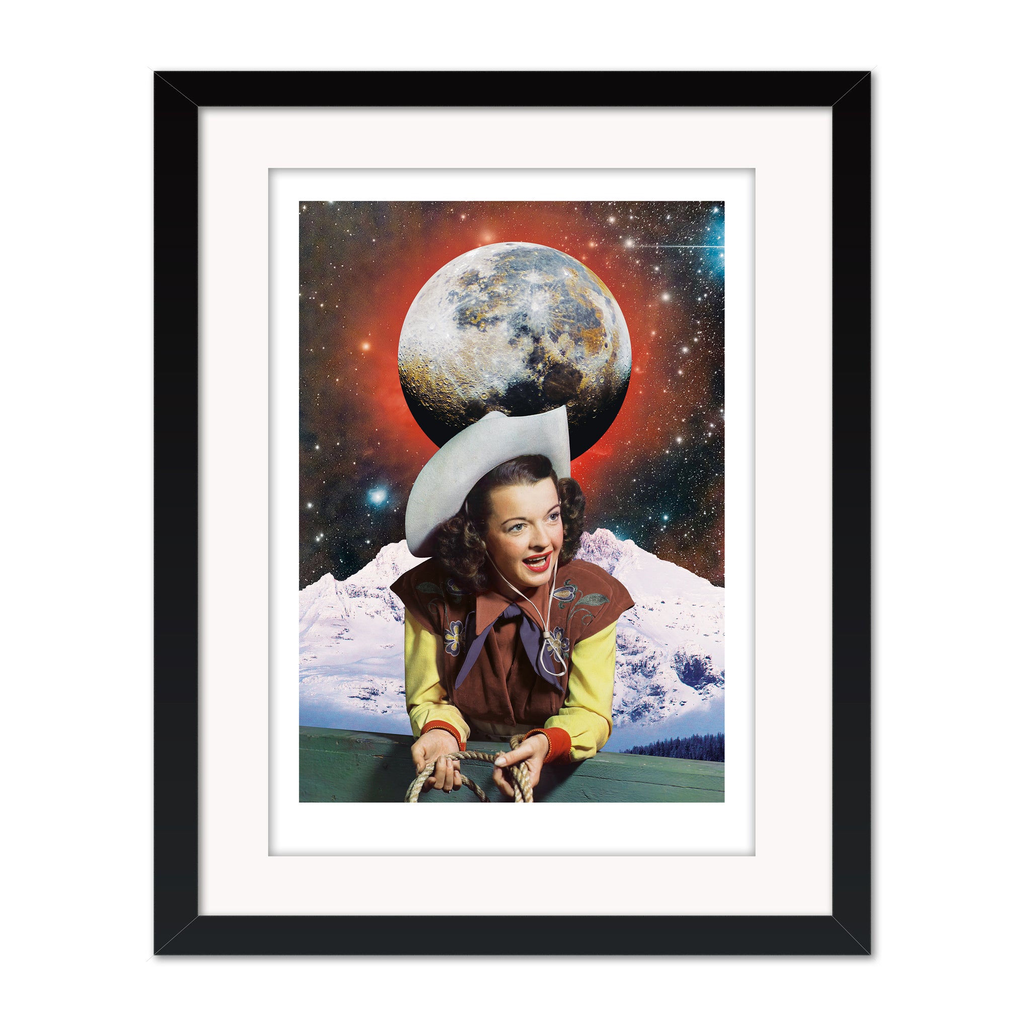 Cowgirl collage mounted giclee print in black frame with white mount, featuring a mid-century cowgirl figure and a dramatic celestial background