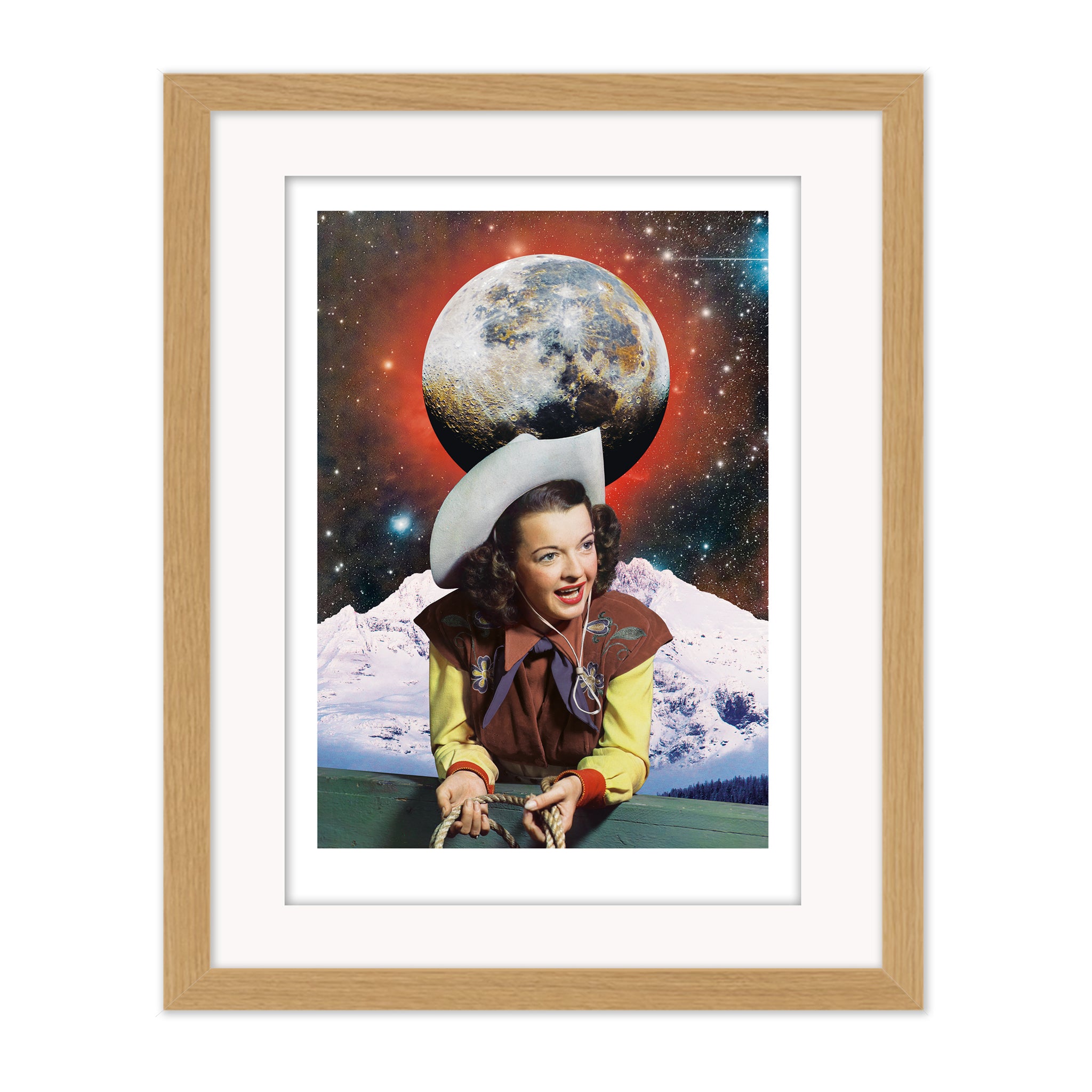Cowgirl collage mounted giclee print in natural wood frame with white mount, combining vintage cowgirl imagery with cosmic and dreamlike elements