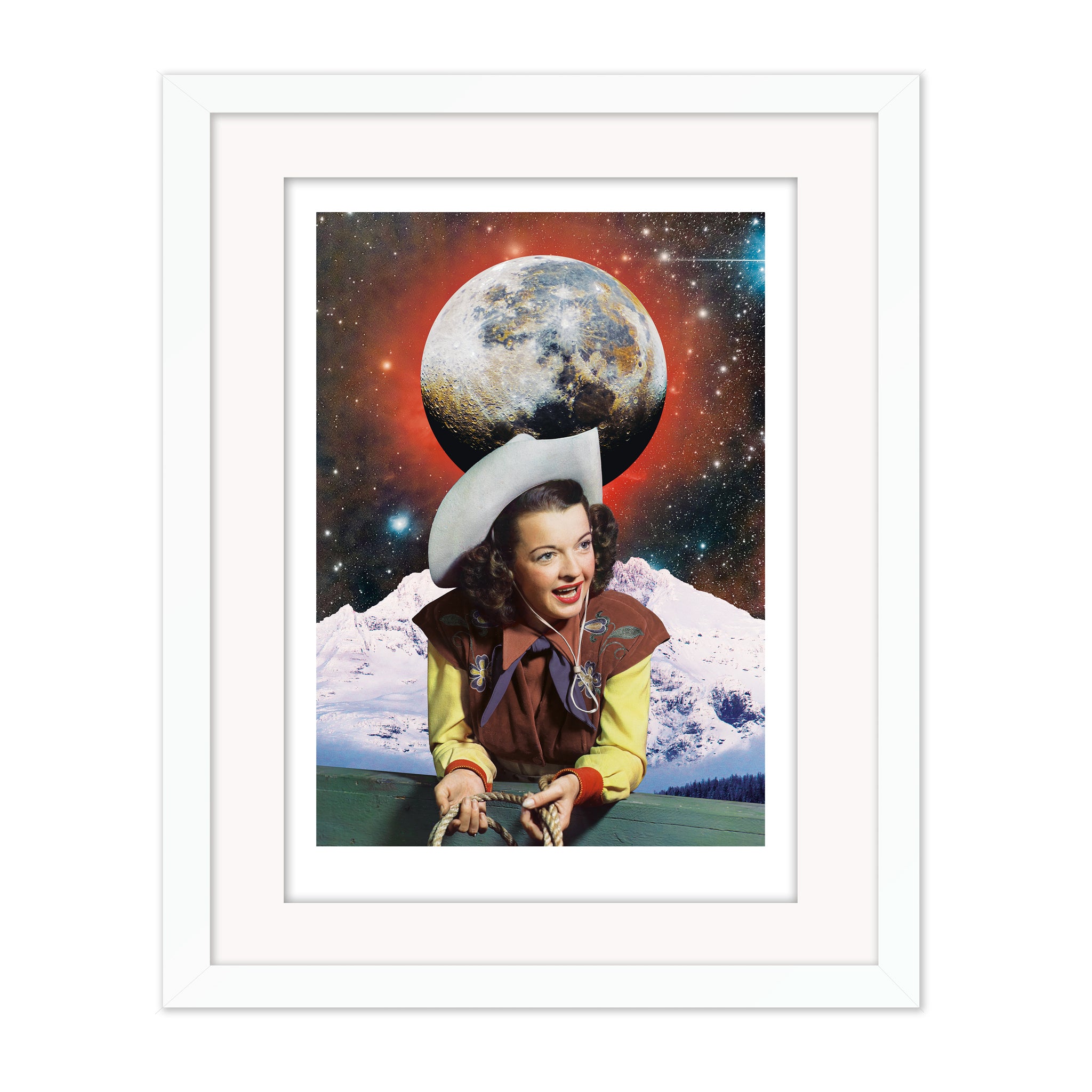Cowgirl collage mounted giclee print in white frame with white mount, showing a playful reworking of western imagery within a surreal space setting