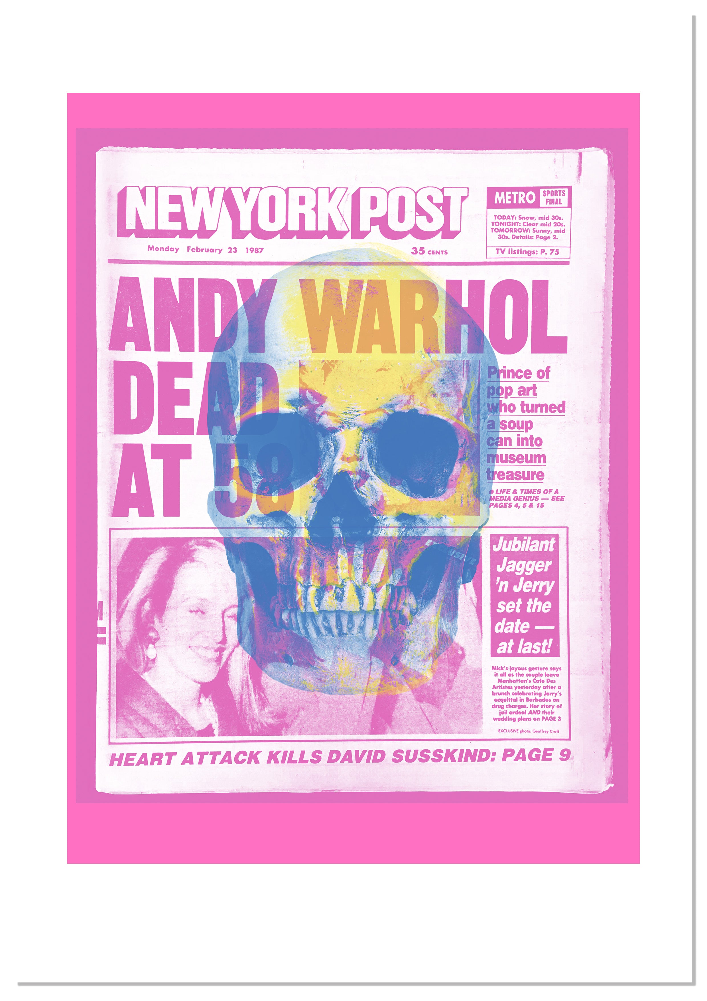A framed pop art print inspired by Andy Warhol, featuring a colorful graphic of a skull on a newspaper background, titled 'Dead at 58'.