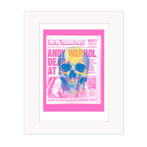 Dead at 58 mounted giclee print by Bravespears, featuring a pink newspaper-style collage about Andy Warhol with a translucent skull overlay.