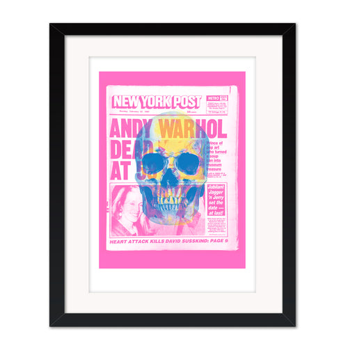 Dead at 58 mounted giclee print by Bravespears in a black frame with picture glass, showing a pink Andy Warhol newspaper collage with a skull motif.