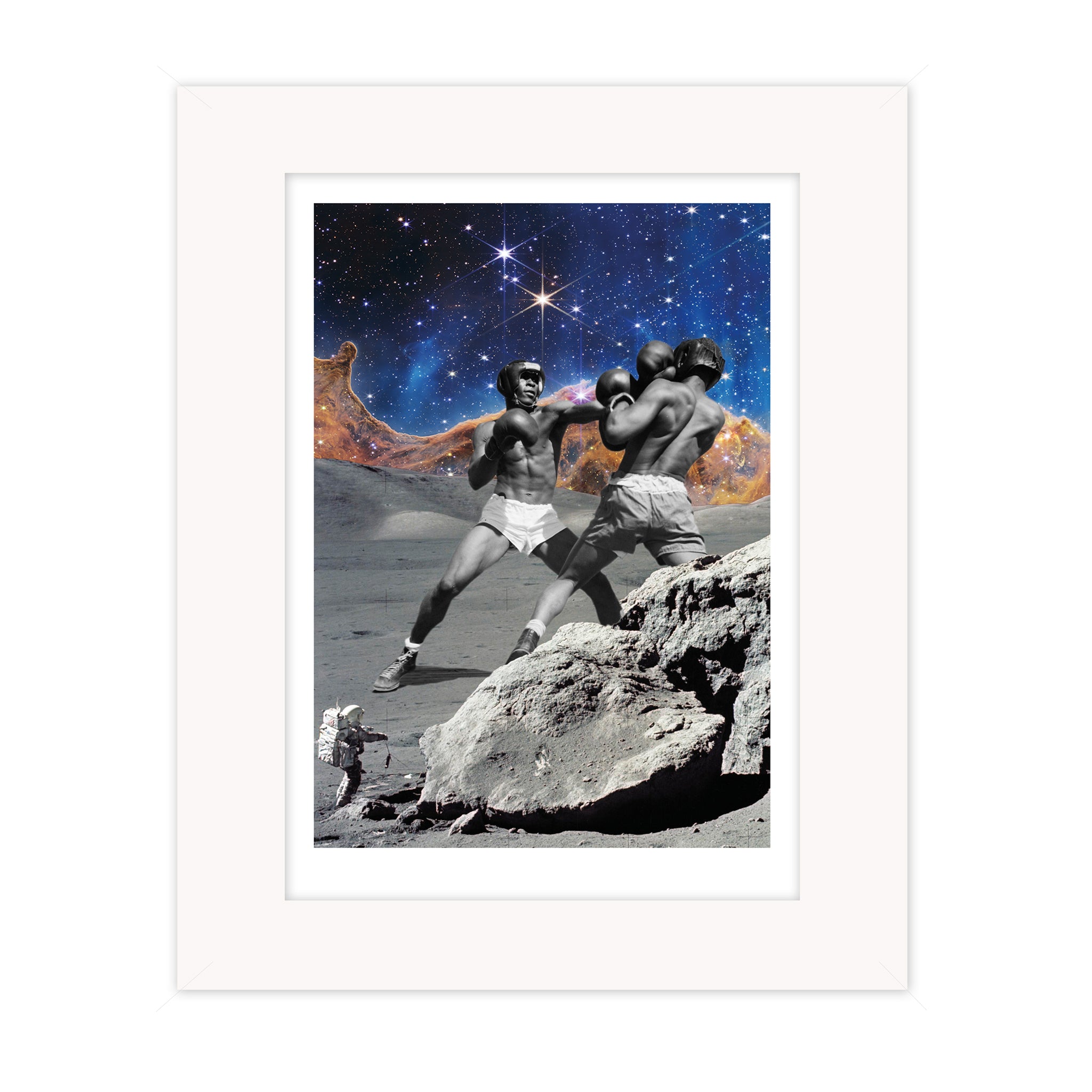 Fight collage mounted giclee print showing two boxers fighting on the moon with an astronaut watching beneath a star filled sky
