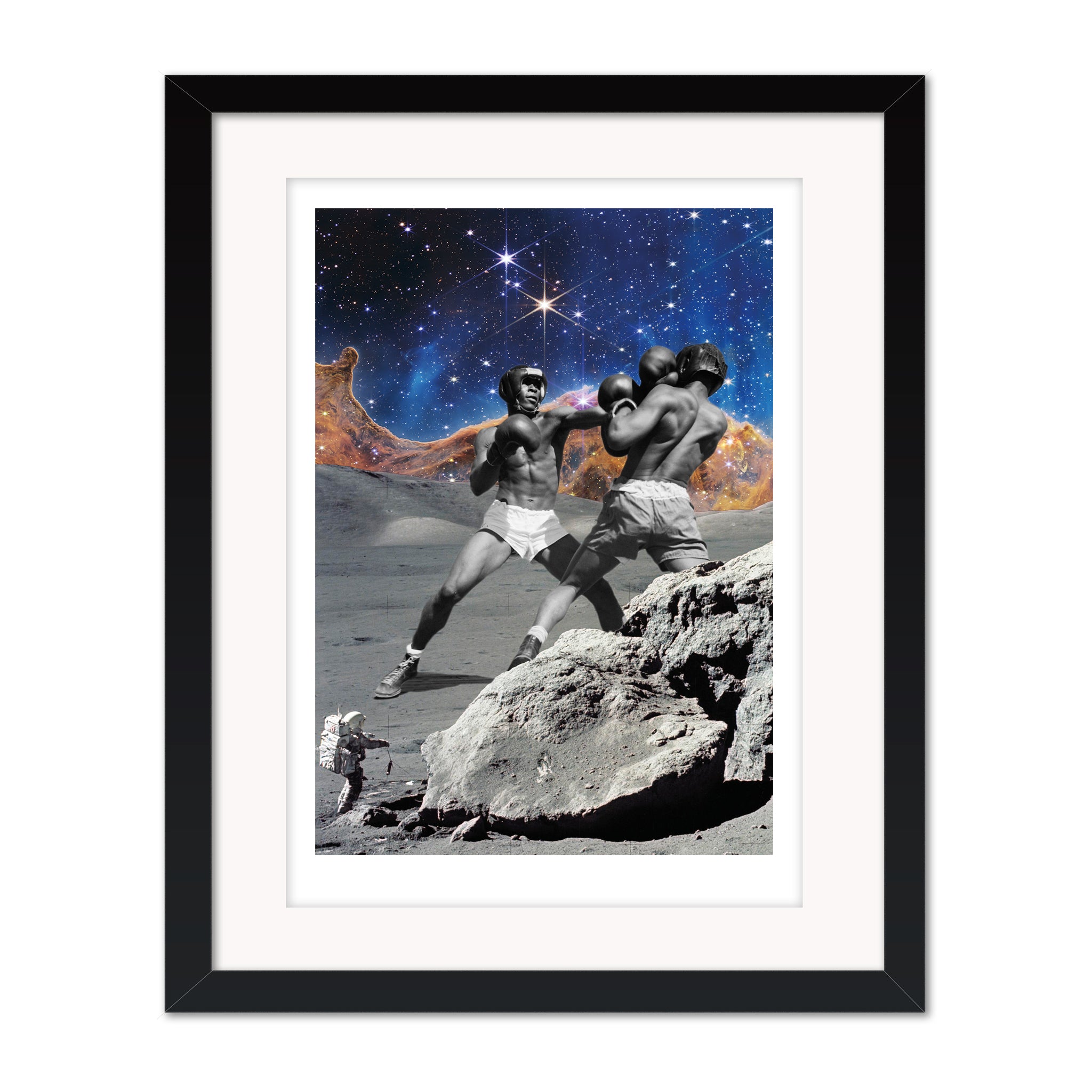 Fight collage mounted giclee print in black frame with white mount showing a surreal boxing match set on the moon