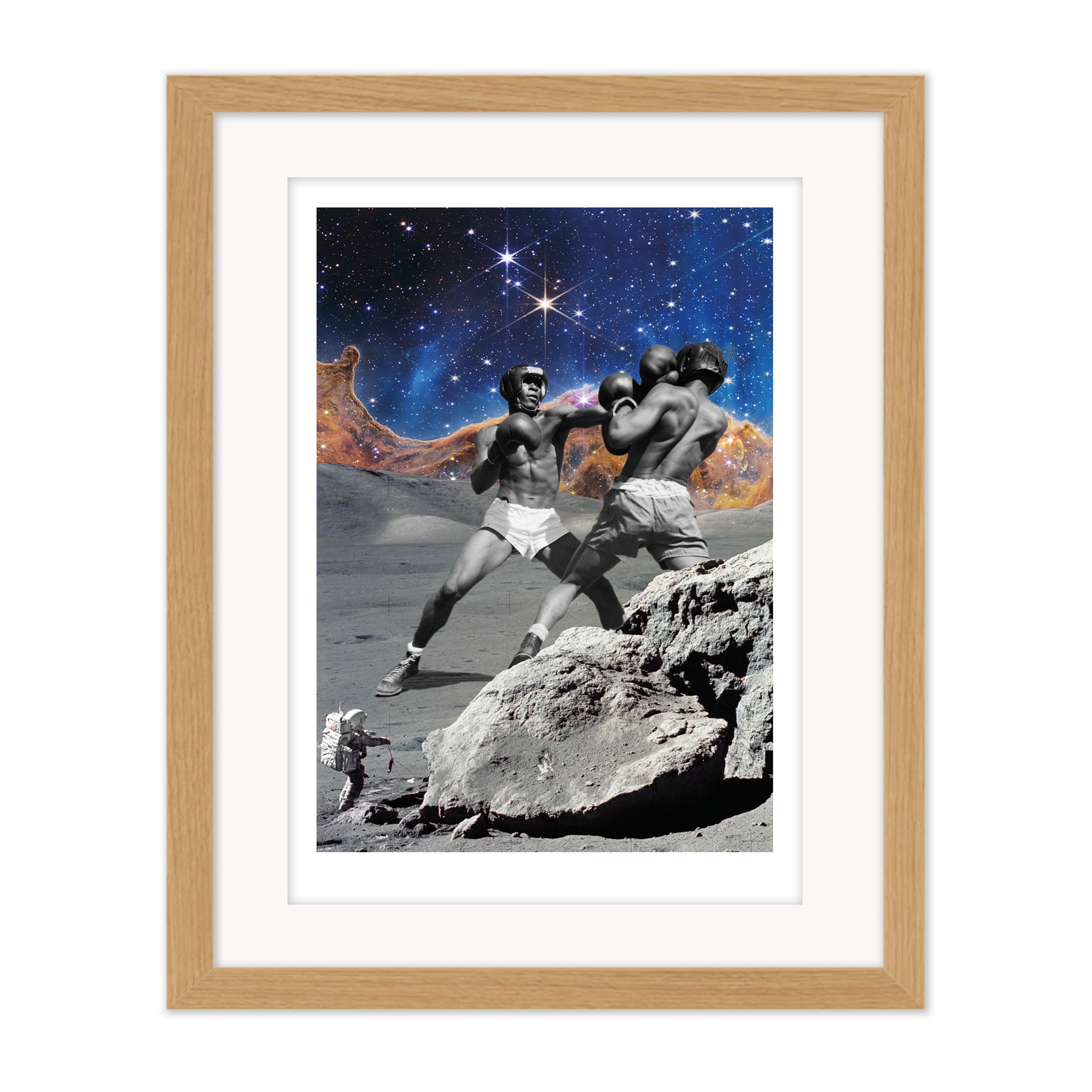 Fight collage mounted giclee print in natural wood frame with white mount showing a boxing scene staged on the moon