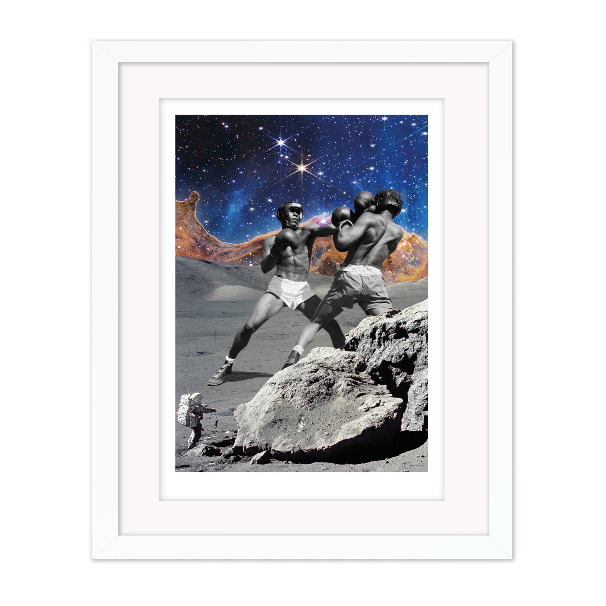 Fight collage mounted giclee print in white frame with white mount featuring two boxers fighting on the lunar surface against space