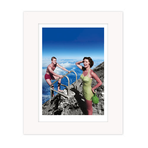 Fine day collage mounted giclee print showing a vintage couple in swimwear standing on a ladder at the edge of a lunar landscape with blue sky and clouds below