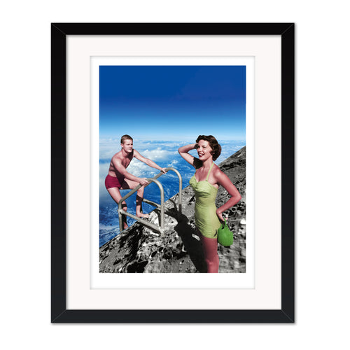 Fine day collage mounted giclee print in black frame with white mount, showing a surreal vintage couple posed above clouds on a moonlike surface