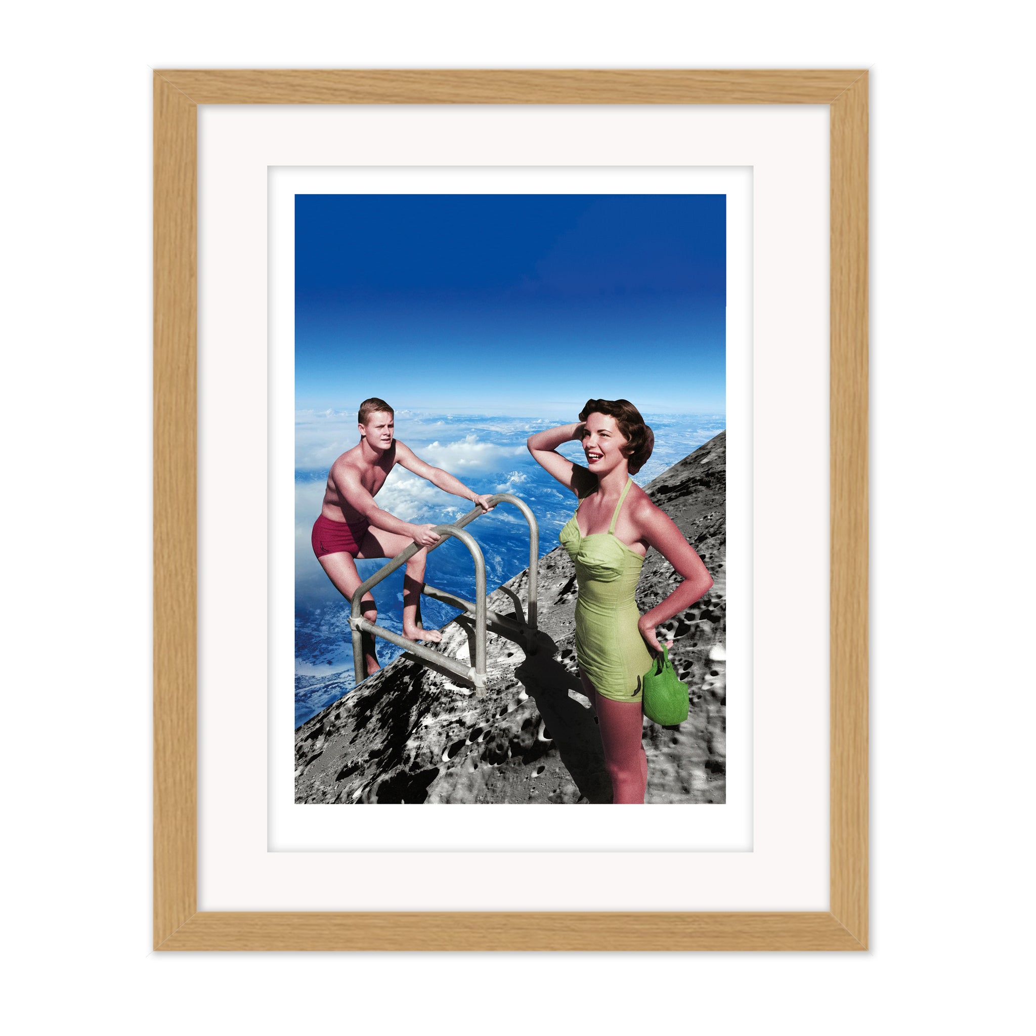 Fine day collage mounted giclee print in natural wood frame with white mount, depicting a nostalgic moment suspended between sky and space