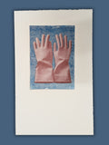 “Gloves” handmade intaglio etching on Somerset paper, created from aquatint and photo-etched zinc plates with layered colour printing.