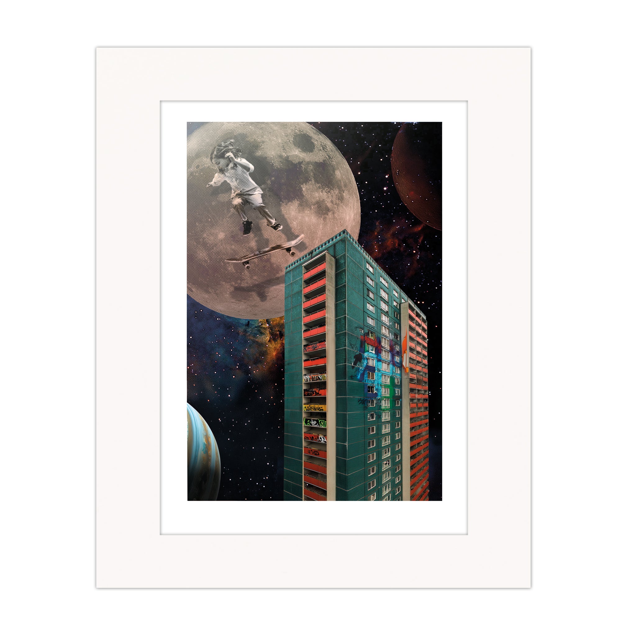 Gravity collage mounted giclée print exploring balance and tension through a solitary figure and abstract forms