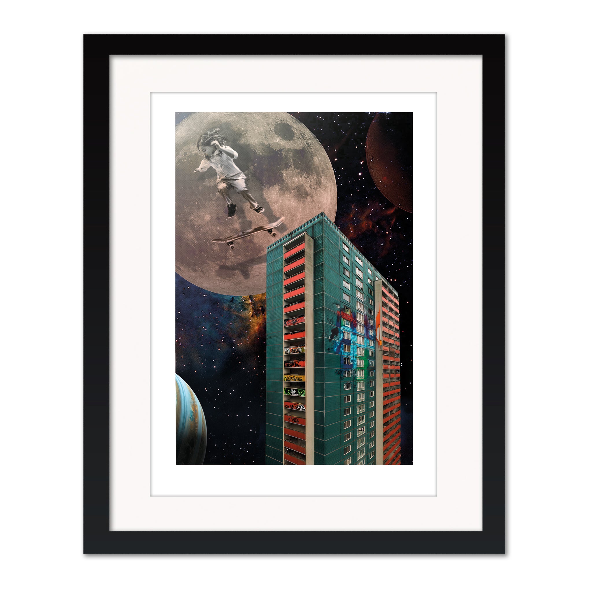 Gravity collage mounted giclée print in black frame with white mount, showing a solitary figure and abstract elements exploring gravity and restraint