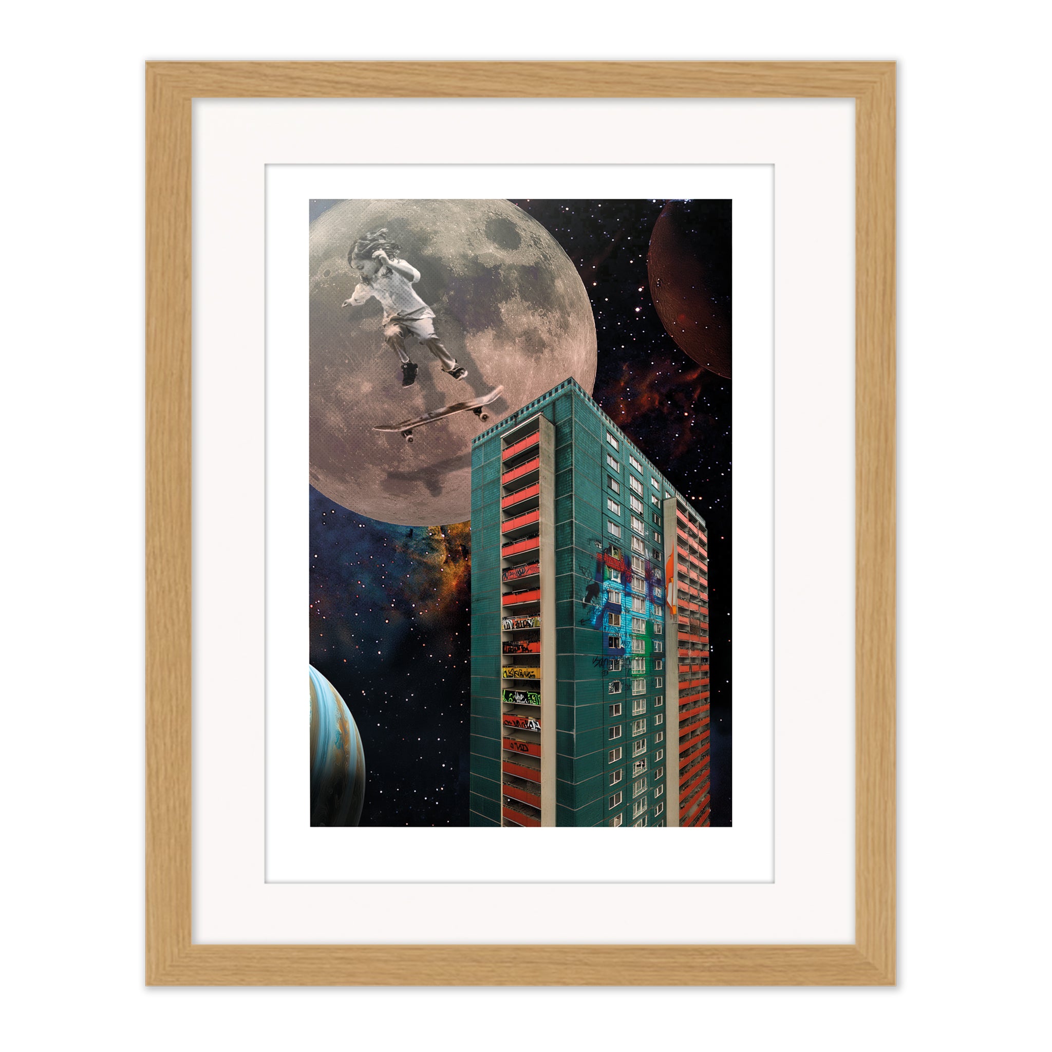 Gravity collage mounted giclée print in natural wood frame with white mount, showing a contemporary collage exploring gravity and stillness