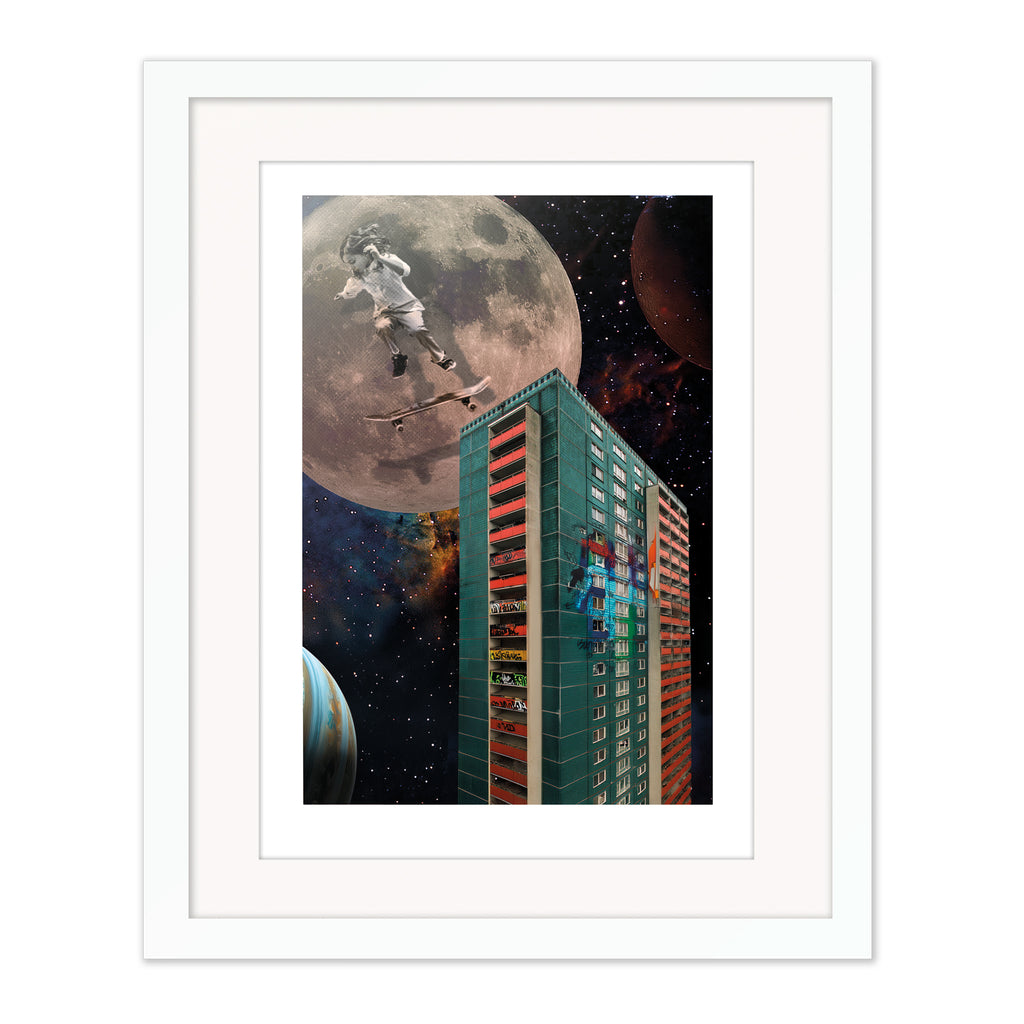 Gravity collage mounted giclée print in white frame with white mount, featuring a minimalist composition exploring balance and unseen forces