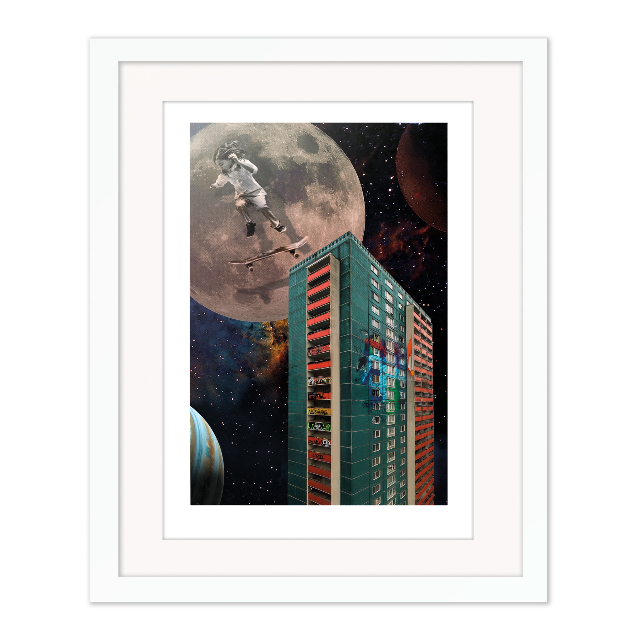 Gravity collage mounted giclée print in white frame with white mount, featuring a minimalist composition exploring balance and unseen forces