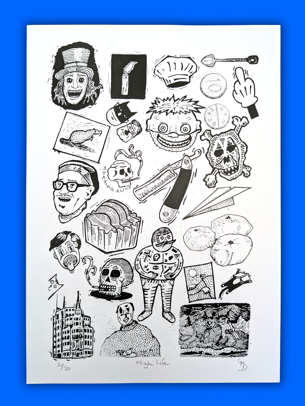 High Life black and white pop art screen print by Gerard McDonagh – limited edition of 20

High Life contemporary screen print – surreal characters and satirical illustration