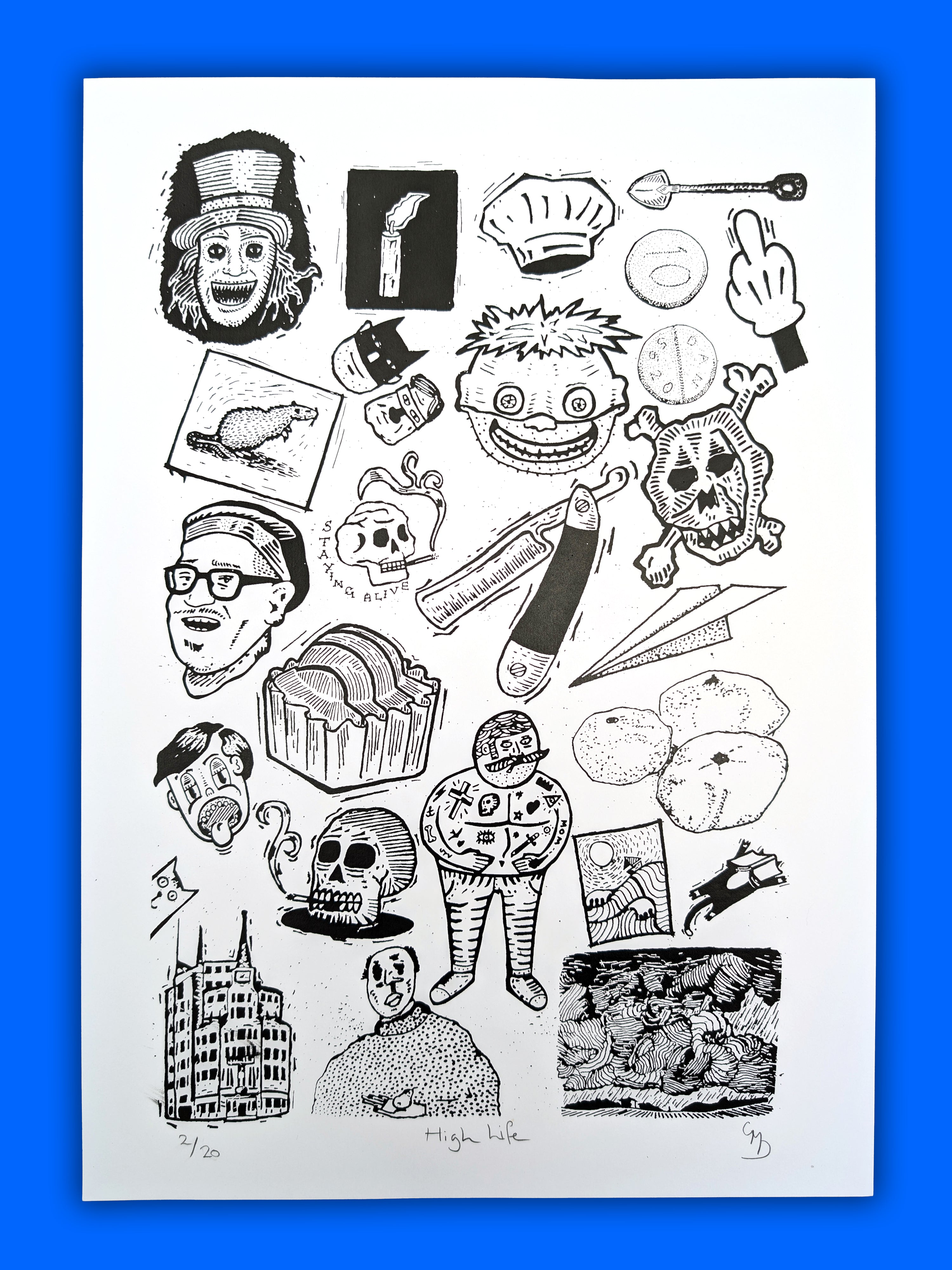 High Life black and white pop art screen print by Gerard McDonagh – limited edition of 20

High Life contemporary screen print – surreal characters and satirical illustration