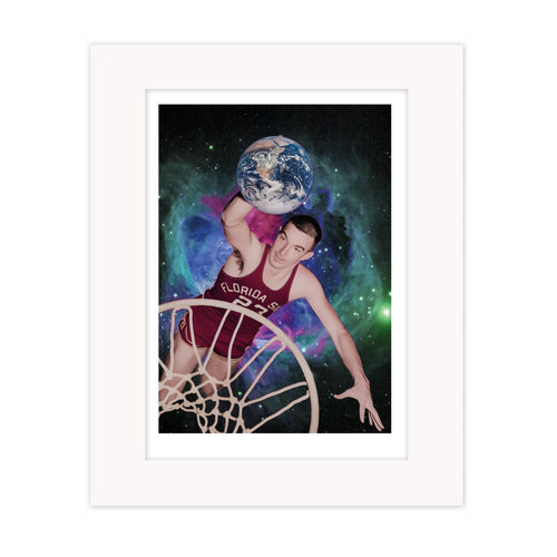 Hoop dreams collage mounted giclee print showing a basketball player leaping toward a hoop while holding the Earth against a cosmic background