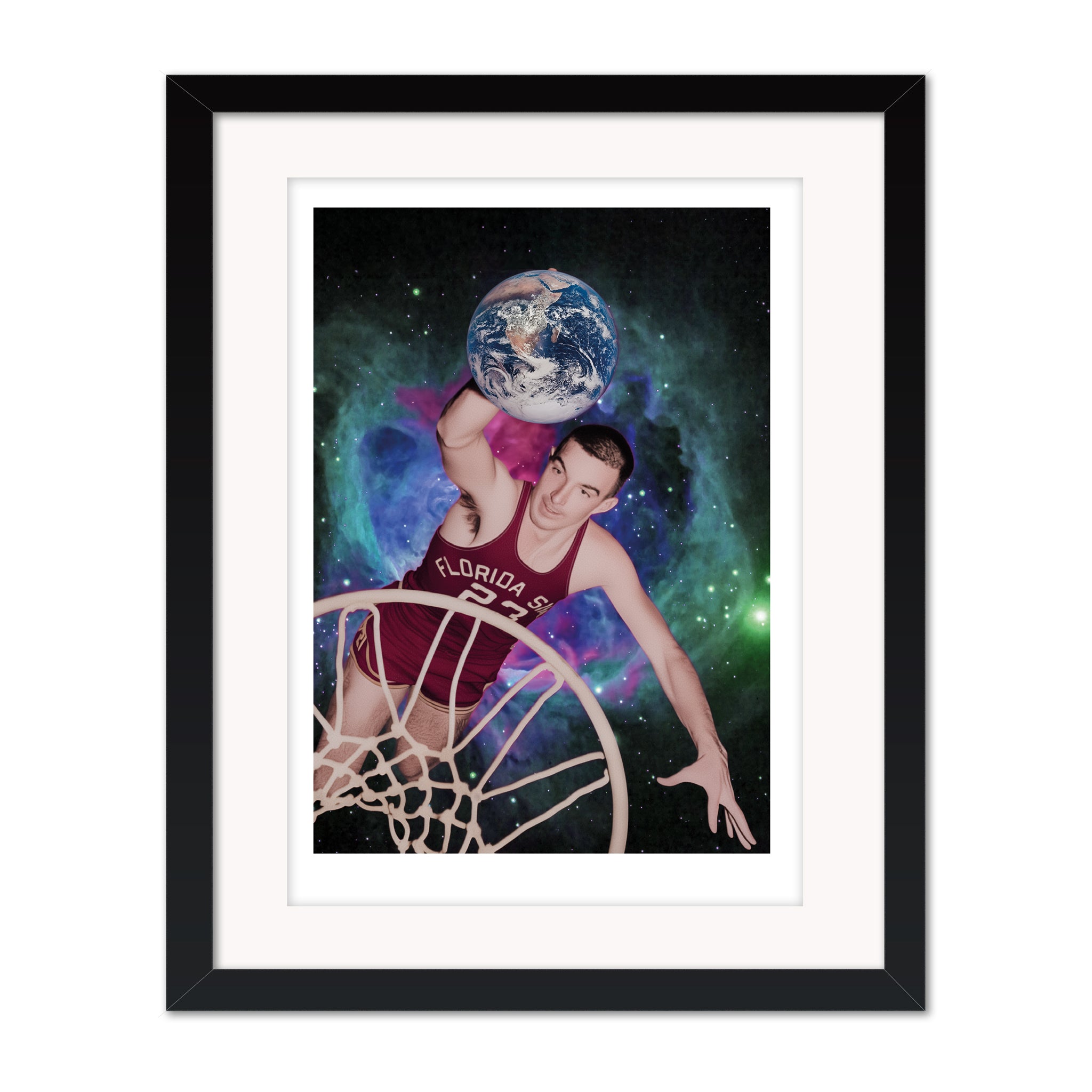 Hoop dreams collage mounted giclee print in black frame with white mount, featuring a basketball player suspended in space holding the Earth