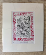 Load image into Gallery viewer, Limited edition hand-pulled screen print featuring London’s skyline from Parliament Hill on Hampstead Heath, framed in a modern folkloric red frame