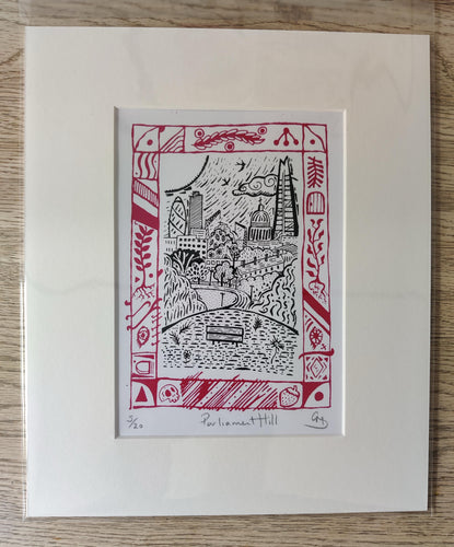 Limited edition hand-pulled screen print featuring London’s skyline from Parliament Hill on Hampstead Heath, framed in a modern folkloric red frame