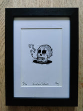 Load image into Gallery viewer, Contemporary pop art framed print - &#39;Smokin&#39; Skull&#39; - signed, titled, and numbered.