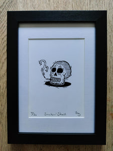 Contemporary pop art framed print - 'Smokin' Skull' - signed, titled, and numbered.