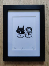 Load image into Gallery viewer, Framed &#39;Duo&#39; silk screen print - a tribute to Batman and Robin. Handmade Framed Batman Art - Limited Edition Screen Print | Dynamic Duo Wall Decor, Comic Book Inspired