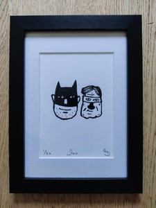 Framed 'Duo' silk screen print - a tribute to Batman and Robin. Handmade Framed Batman Art - Limited Edition Screen Print | Dynamic Duo Wall Decor, Comic Book Inspired