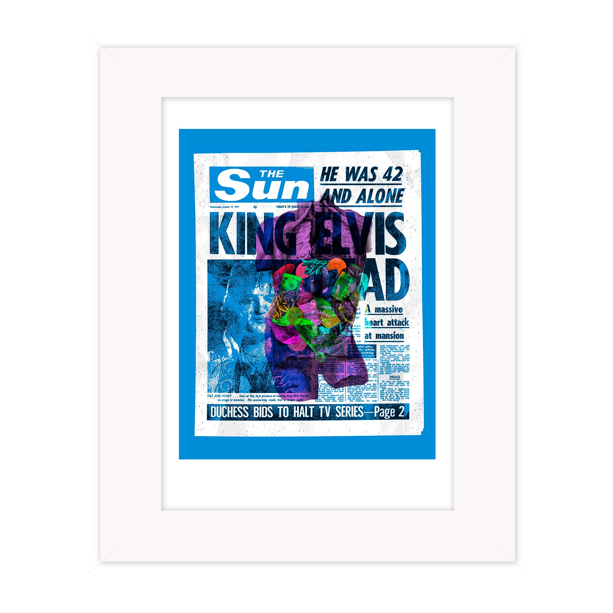 King Elvis mounted giclee print by Bravespears, featuring a blue newspaper-style collage about Elvis Presley with layered forensic symbolism and colour.