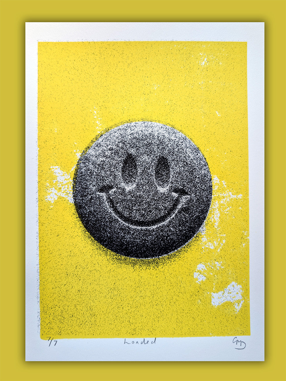 Loaded pop art screen print inspired by Primal Scream – limited edition of 7 by Gerard McDonagh

Yellow and black smiley rave culture screen print Loaded – collectible wall art