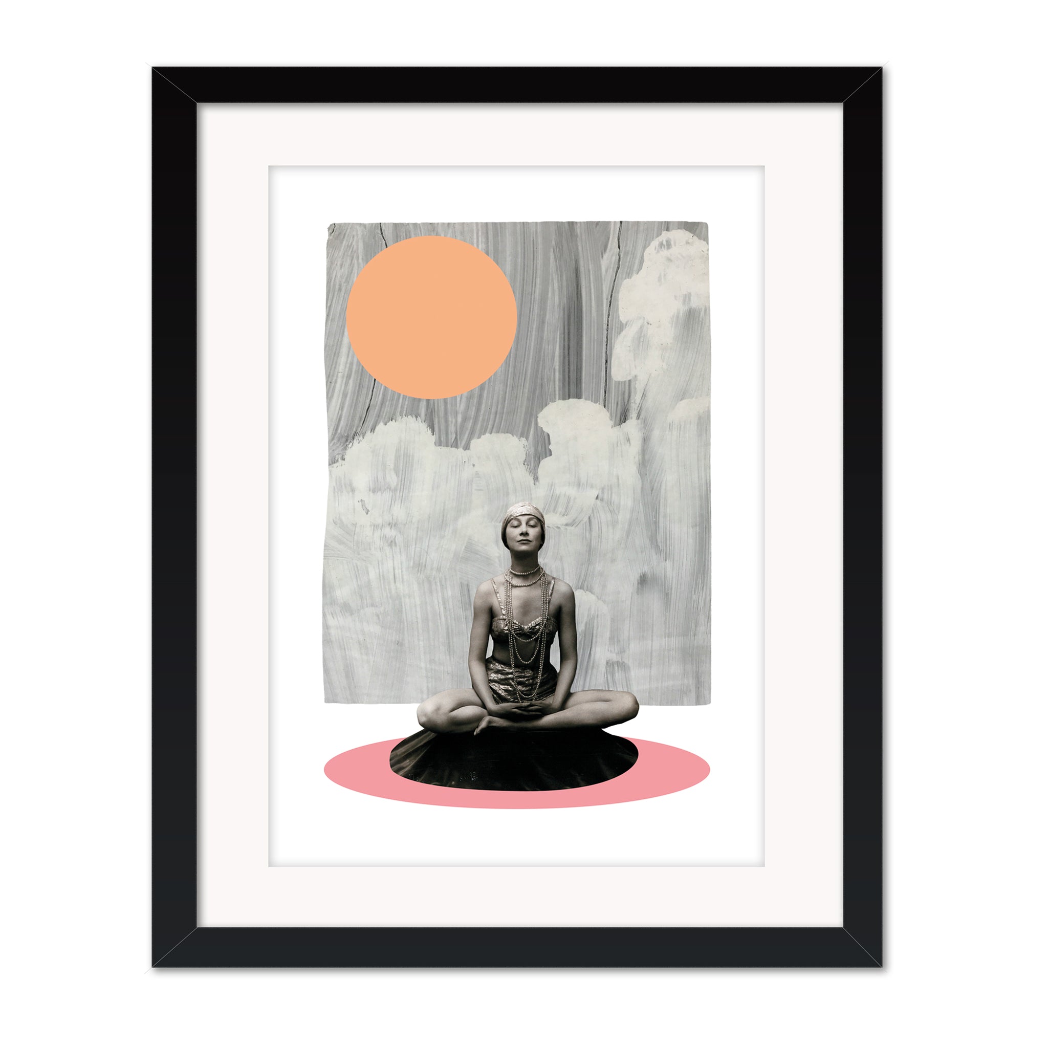 Framed collage artwork Meditate by Bravespears in a black frame, featuring a serene seated figure beneath a circular form