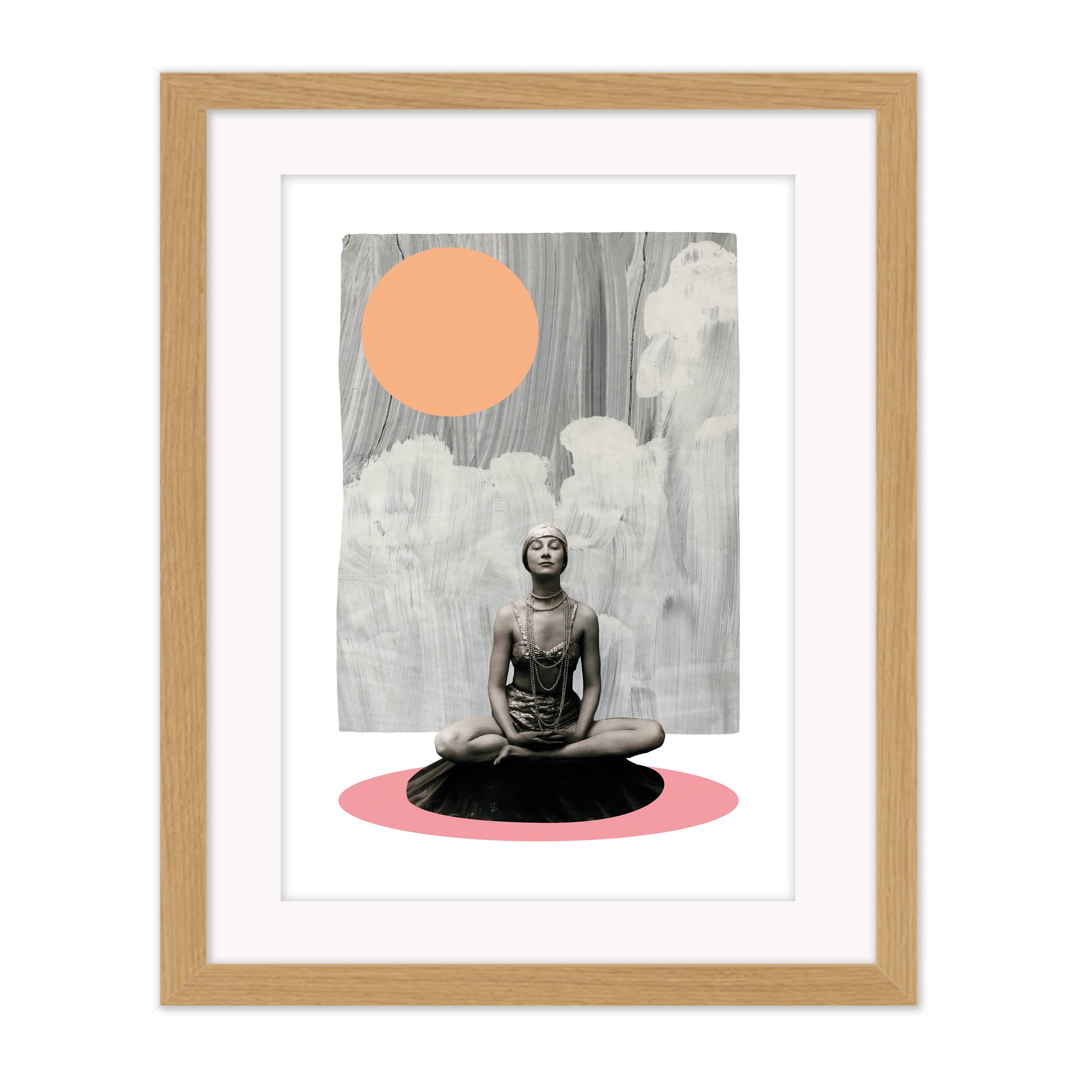 Natural wood framed Meditate by Bravespears, contemporary collage artwork combining calm figurative imagery and graphic shapes