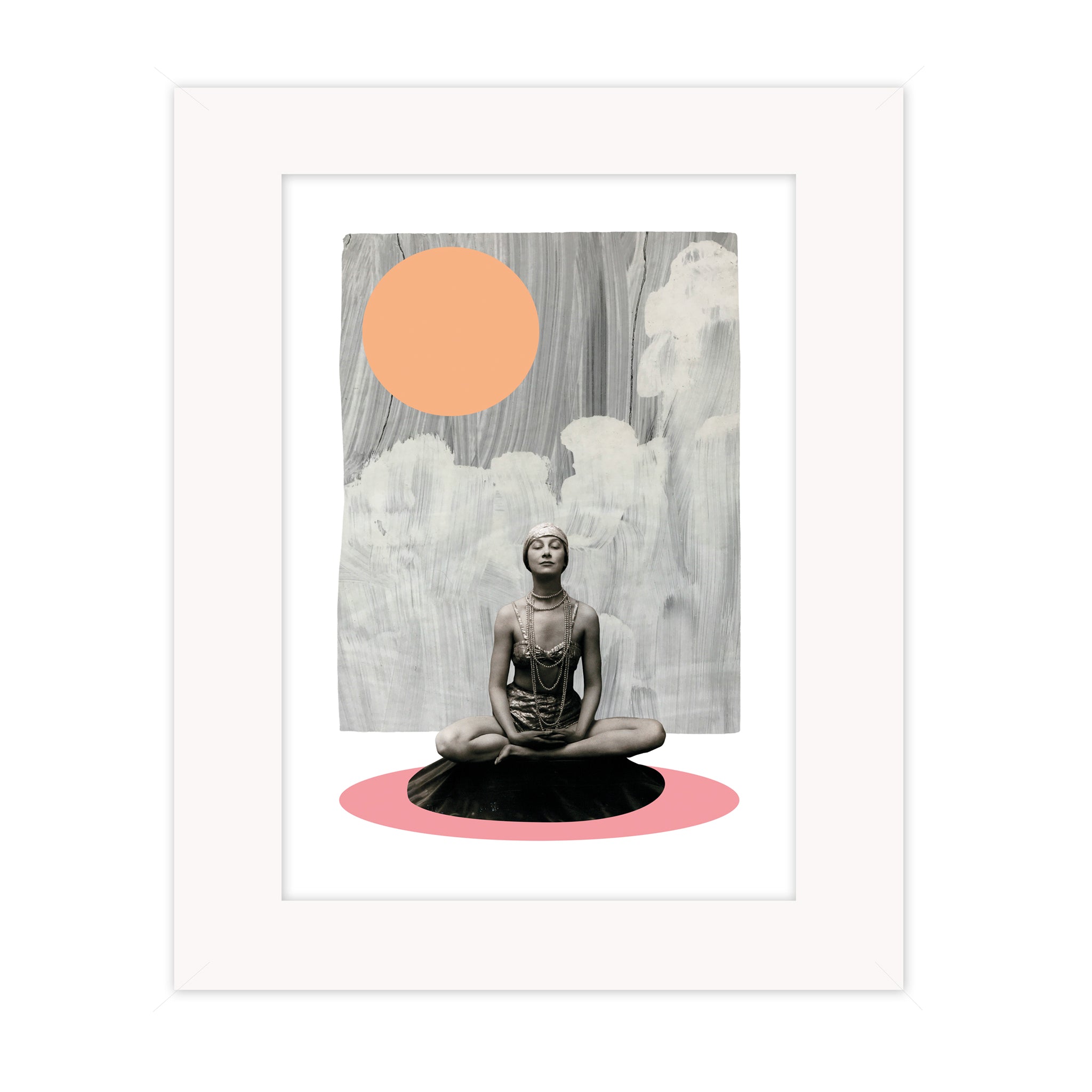 Collage artwork titled Meditate by Bravespears, showing a seated figure in a calm meditative pose with soft textures and geometric shapes, mounted giclee print